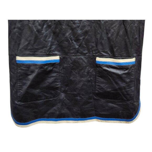 Women's Black Faux Leather Dress M Short Sleeve Mod Style Pockets & Trim - Picture 4 of 9